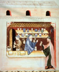 Zubereitung und Verkauf von Thymian, Illustration aus Tacuinum Sanitatis Codex Vindobonensis