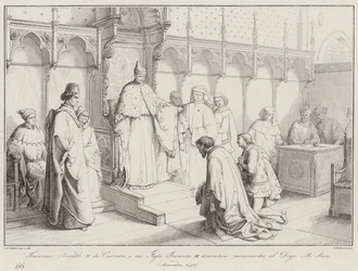 Francesco Novello II da Carrara und sein Sohn Francesco III bitten den Dogen Michele Steno um Gnade