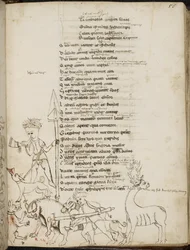 Harley 2453, f.55 Eine Jagdszene mit einem Wildschwein, einem Hirsch, Jägern, Hunden und einem Hasen, aus 