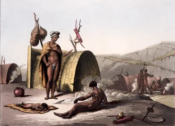 Hütten und Lagerleben der Buschmänner, aus Costumi dei... von Giulio Ferrario, ca. 1820er-30er Jahre