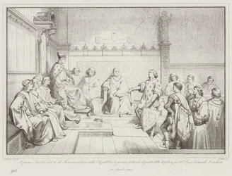 Der erste Herold des Königs von Frankreich erklärt der Republik den Krieg, indem er den Handschuh wirft (Gravur)