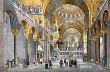 Innenraum der Basilika San Marco, Blick auf die Kuppel, aus Views of Venice von Cecchini, Pividor und Viola, ca. 1850