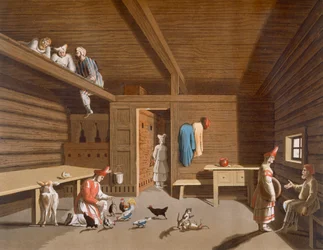 Innenraum eines russischen Bauernhauses, ca. 1820er-30er Jahre
