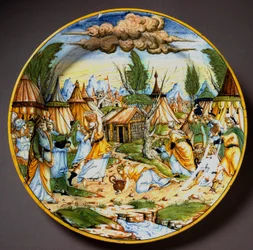 Juden in der Wüste (oder das Sammeln des Mannas). Gott ernährt die Israeliten, die sonst verhungern würden, mit Wachteleiern und Manna (Manna). Keramikteller aus der Fontana-Werkstatt in Urbino, Italien. Um 1560. Museo Nazionale del Bargello, Florenz
