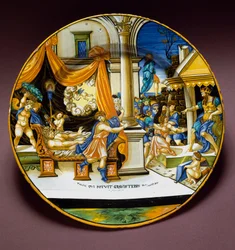 Josef und die Frau des Potifar. Josef flieht vor der Frau des Potifar, die ihn zu verführen versucht. Keramikteller, hergestellt in Urbino, Italien. Um 1537. Museo Nazionale del Bargello, Florenz
