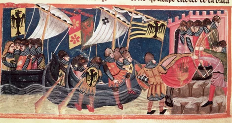 Julius Caesar (100-44 v. Chr.) landet in England, aus Le Vite di Dodici Cesari von Gaius Suetonius Tranquillus (ca. 75-150)