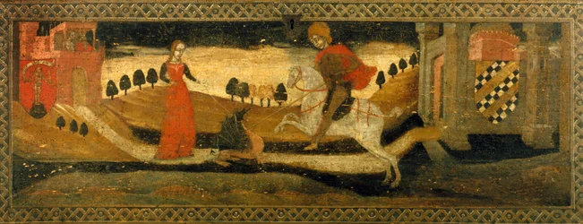 Ritter tötet einen Drachen in Anwesenheit einer Prinzessin
