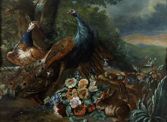 Landschaft mit Pfau und Wild