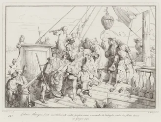 Lodovico Flangini, tödlich verwundet auf seinem Schiff, kommandiert die Schlacht gegen die türkische Flotte