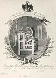 Webstuhl zur Herstellung von Socken, Hosen und Handschuhen, Kupferstich für ein Werbeplakat der Firma Stanislaus Bosiso, Italien