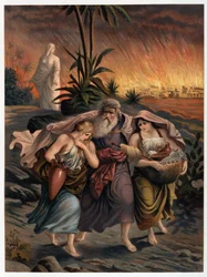 Lot entkommt der Zerstörung von Sodom mit seinen zwei Töchtern und seine Frau wird in eine Salzsäule verwandelt - in „Aurea Bibbia classica: storia della rivelazione divina nell