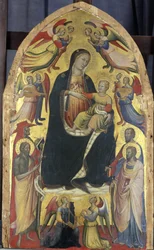 Madonna und Kind auf einem Thron aus Wolken mit Heiligen und Engeln