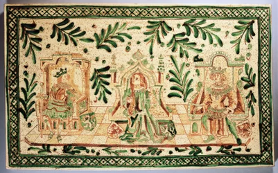Mittelalterliche dekorative Tafel, die Konstanze von Hauteville, Roger von Sizilien und Friedrich II. von Hohenstaufen darstellt, Alessi-Herstellung, Caltagirone, Sizilien, Italien