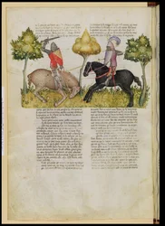 Ms Fr 343 fol.26v Sir Percivals Pferd wird getötet, aus der Queste del Saint Graal, ca. 1380-85