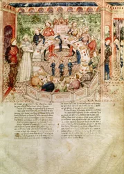 Ms Fr 343 fol.3 Sir Galahad wird an der Tafelrunde willkommen geheißen, aus der Queste del Saint Graal, um 1380-85