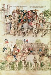 Arthur und seine Ritter brechen zur Suche nach dem Heiligen Gral auf, aus der Queste del Saint Graal, ca. 1380-85