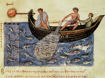 Ms Grec 479 Fischen mit einem Netz, Illustration aus der Halieutica von Oppian