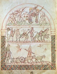 Ms. Plut. 12.17, c. 1b, Die irdische Stadt mit den Härten und Unglücken der Menschheit und das Urteil einer Seele, aus Die Stadt Gottes von St. Augustinus, 11.-12. Jahrhundert