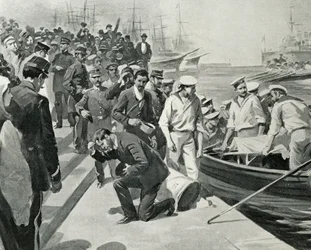Meuterei des russischen Schlachtschiffs Potemkin bei der Landung im Hafen von Constanta in Rumänien, Illustration aus L