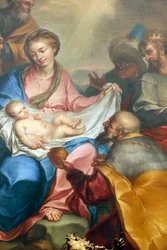 Geburtsszene. Anbetung der Heiligen Drei Könige. Fresko. Basilika Santa Maria delle Vigne. Genua. Italien.