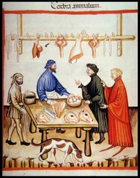 Nova 2644 fol.77r Metzgerei, Verkauf von Gehirnen, aus Tacuinum Sanitatis Codex Vindobonensis