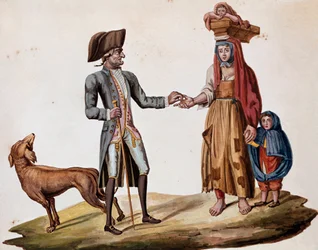 Alte neapolitanische Berufe: ein Adliger gibt einem Palmiscian eine Münze