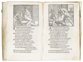Seite aus "Sonetti Lussuriosi" von Pietro Aretino, illustriert von Giulio Romano und graviert von Marcantonio Raimondi, veröffentlicht in Venedig, ca. 1527
