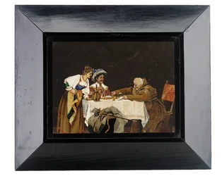 Tafel, die einen Kavalier und einen Mönch an einem Esstisch mit einer Dame zeigt, Menegatti, Florenz, späte 19. Jahrhundert