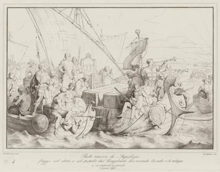 Bischof Paulus von Aquileja flieht mit dem Klerus und dem Volk vor den Langobarden und bringt den Sitz mit sich (Gravur)