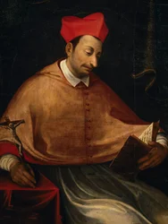 Porträt des heiligen Karl Borromäus (1538-1584), italienischer Erzbischof und Kardinal, Gemälde eines unbekannten Künstlers, Kirche San Carlo, Arona, Piemont, Italien
