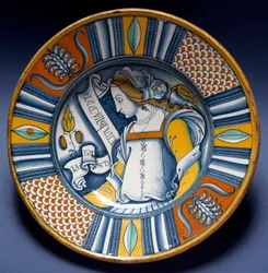 Porträt einer jungen Dame. Keramikteller aus Deruta, Italien. Um 1520. Museo Nazionale del Bargello, Florenz, Italien