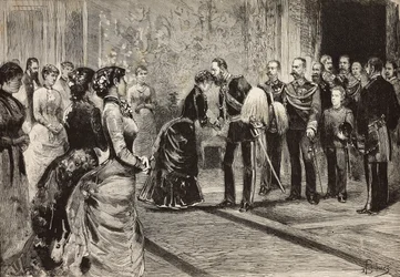 Königin Margherita und Umberto I. empfangen den Kronprinzen von Deutschland (zukünftiger Friedrich III.) im Quirinal, Rom, Italien, Gravur nach einer Zeichnung von Dante Paolocci, aus L