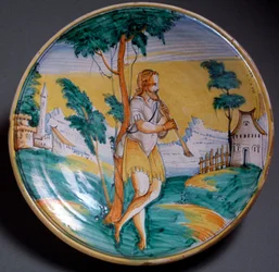 Renaissance-Kunst: Teller dekoriert mit einem Flötenspieler (Ein Flötenspieler) - Ende 16. Jahrhundert Produktion von Viterbo, Italien Florenz, Museo Nazionale del Bargello