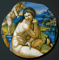 Darstellung der Venus. Keramikteller, hergestellt in Faenza, Italien. Um 1530, Florenz, Museo Nazionale del Bargello