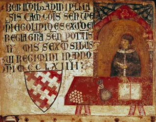 Darstellung eines Kamerlinguisten in seinem Büro Anonymes Gemälde auf Holz einer Biccherna (Umschlag des Rechnungsregisters der Stadt Siena) 1250. Siena Archivio di Stato, Italien