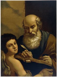 Der heilige Matthäus schreibt und ein Engel - in „Aurea Bibbia classica: storia della rivelazione divina nell