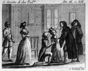 Szene 13 des dritten Akts des Lustspiels „Arlecchino servitore di due padroni“ (Harlekin Diener zweier Herren) (1745) von Carlo Goldoni (1707-1793). Gravur des 18. Jahrhunderts