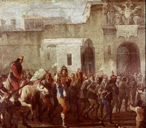 Szene der Bestrafung von Dieben zur Zeit Masaniellos (Bestrafung von Dieben zur Zeit Masaniellos). Detail, um 1640-1650, Neapel, Museo Nazionale di San Martino