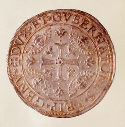 Silbermünze aus der Republik Genua mit dem Kreuz. 1670. Durchmesser 5,8 cm Neapel, Archäologisches Museum