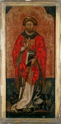 St. Philipp tritt auf einen Dämon, Gemälde auf Holz aus dem 15. Jahrhundert