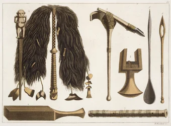 Tahitianische Werkzeuge und Zeremonialinstrumente, Illustration aus einer Sammlung von Reisebüchern des frühen 19. Jahrhunderts