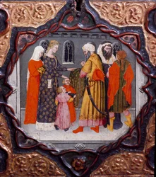 Zehnter Tag, neunte Novelle: der Tag des Messer Torello und Saladin (1138-1193) (Salah ad-Din Yusuf al-Ayyubi). Bemalte Truhe mit einer Darstellung des „Decamerone“ von Giovanni Boccaccio (Jean Boccaccio) (1313-1375). 15. Jahrhundert. Florenz, Museo