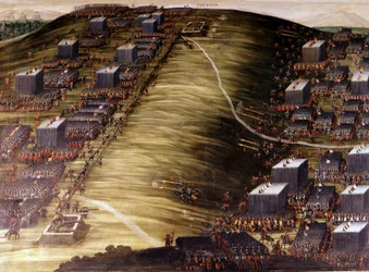 Die Schlacht am Weißen Berg (Dreißigjähriger Krieg) am 8. November 1620 zwischen den Tschechen und den habsburgischen Kaiserlichen Armeen. Ölgemälde. Rom, Sakristei der Kirche Santa Maria della Vittoria