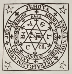 Der große magische Kreis des Agrippa zur Beschwörung von Dämonen, Kopie einer Illustration aus Les Oeuvres Magiques de Henri Corneille Agrippa, Rom 1744, verwendet in einer Ende des 19. Jahrhunderts veröffentlichten Geschichte der Magie