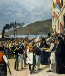 Der Prinz von Neapel - der spätere Viktor Emanuel III. (Victor-Emmanuel) (Vittorio Emanuele) - empfängt in Rijeka der Tradition entsprechend Brot und Salz von der Familie Helenas von Montenegro.