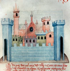 Die Stadt Cherasco (Querasque) in der Provinz Coni im Piemont in Italien. Kirche und Mauer und Befestigungsturm der mittelalterlichen Stadt. Seite aus Codex Astensis oder Malabayla. Miniatur aus dem 13. Jahrhundert. Asti, Archivio Storico Comunale