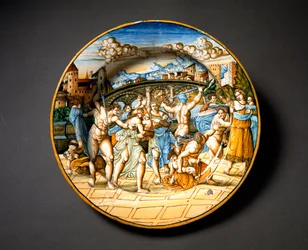 Der Kindermord von Bethlehem. Keramikteller aus der Fontana-Werkstatt in Urbino, Italien. Um 1566. Museo Nazionale del Bargello, Florenz