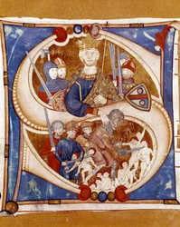 Der Kindermord: König Herodes I. der Große (73-4 v. Chr.) befiehlt einem Vertreter das Massaker an den Neugeborenen von Bethlehem. Illuminierte Initiale eines Manuskripts aus der Schule Umbriens. 14. Jahrhundert. Città di Castello, Biblioteca Civ