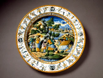 Die Begegnung zwischen Aaron und Mose. Keramikteller aus der Fontana-Werkstatt in Urbino, Italien. Um 1550. Museo Nazionale del Bargello, Florenz