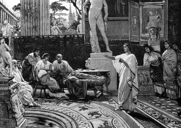 Der Dichter Virgil (70 v. Chr. - 19 v. Chr.) rezitiert „Die Aeneis“ dem römischen Ritter Mechaen. Illustration von Francesco Pogliaghi, „Storia d